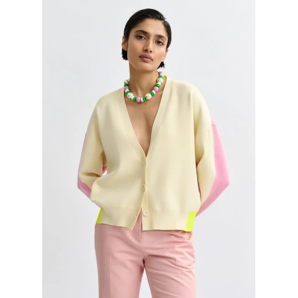 Essentiel Antwerp Off-white, pink and yellow colorblock fine-knit cardigan, view 5
