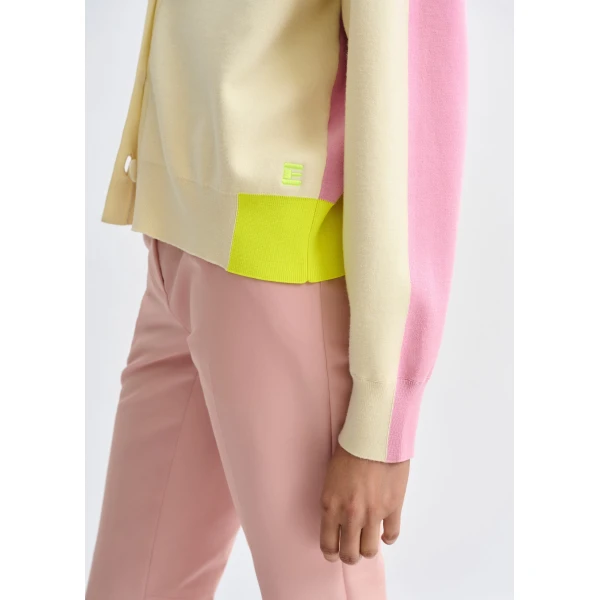 Essentiel Antwerp Off-white, pink and yellow colorblock fine-knit cardigan, view 6