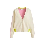 Essentiel Antwerp Off-white, pink and yellow colorblock fine-knit cardigan