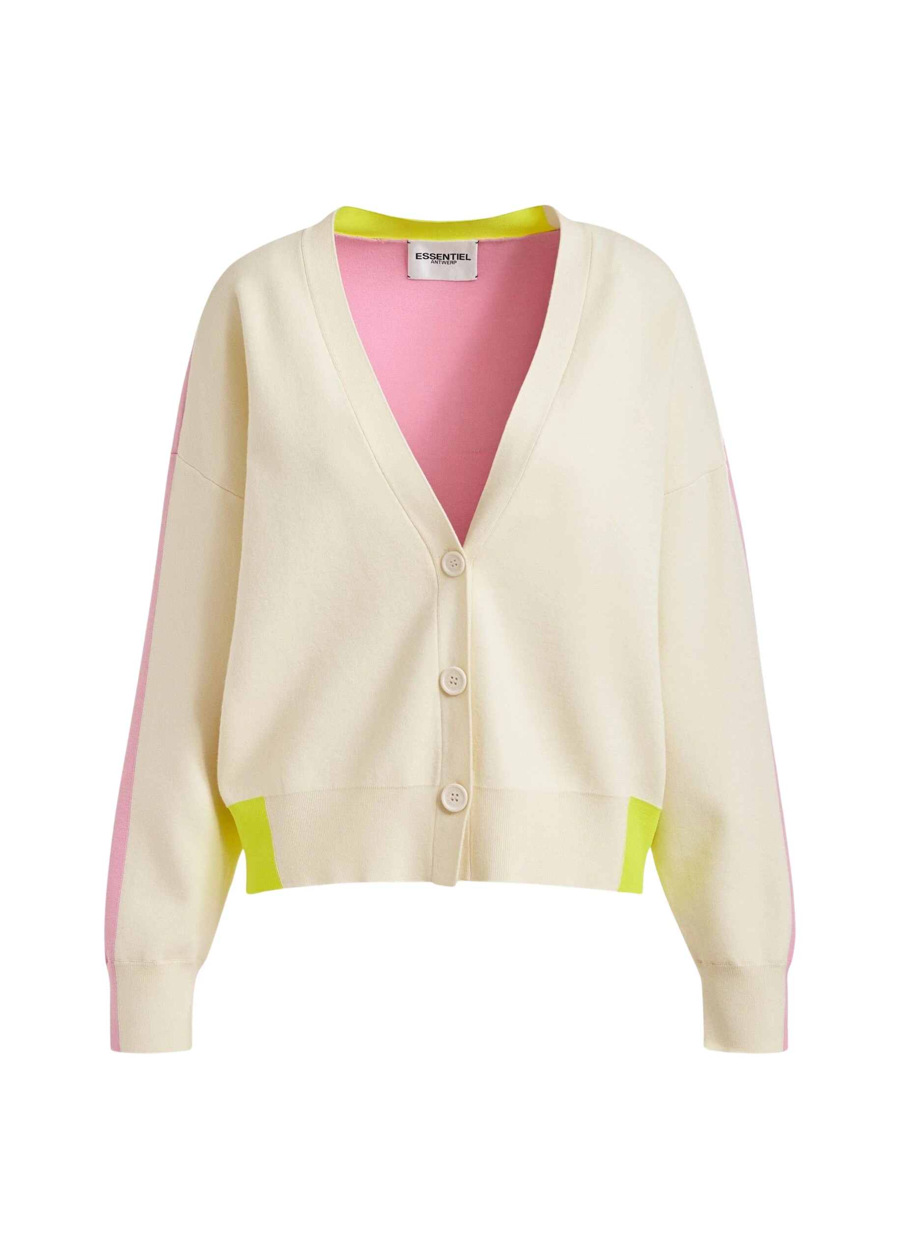 Essentiel Antwerp Off-white, pink and yellow colorblock fine-knit cardigan
