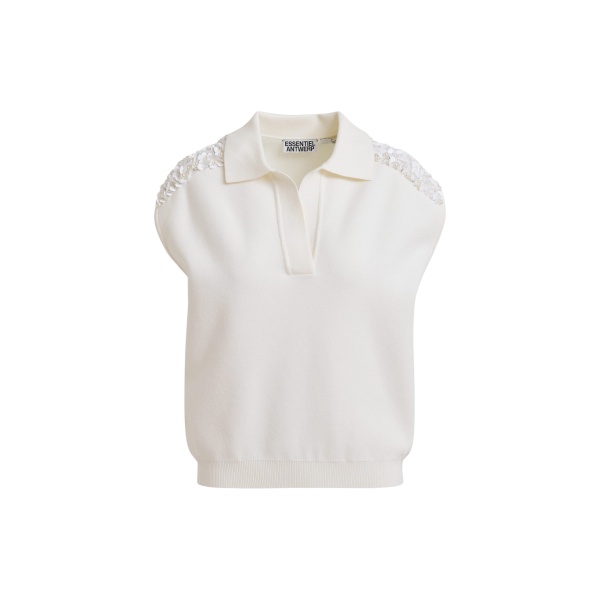 Off-white sleeveless polo with embellished shoulders