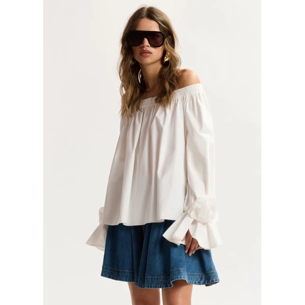 Essentiel Antwerp Off-white strapless cotton top with rosette details, view 3