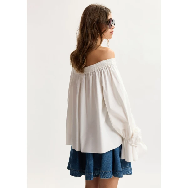 Essentiel Antwerp Off-white strapless cotton top with rosette details, view 4