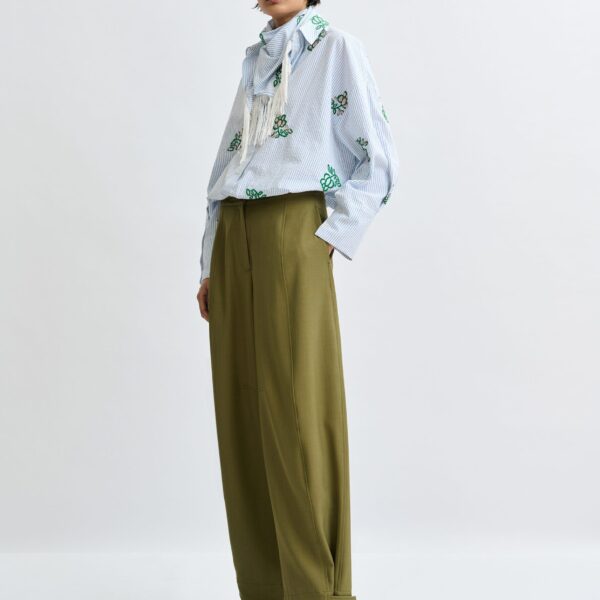 Essentiel Antwerp Olive green barrel-leg pants with twisted side seams, view 2