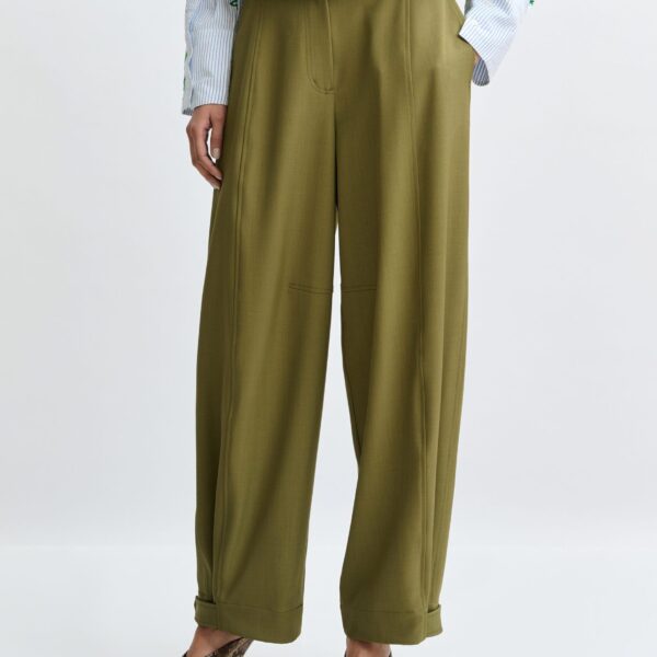 Essentiel Antwerp Olive green barrel-leg pants with twisted side seams, view 3