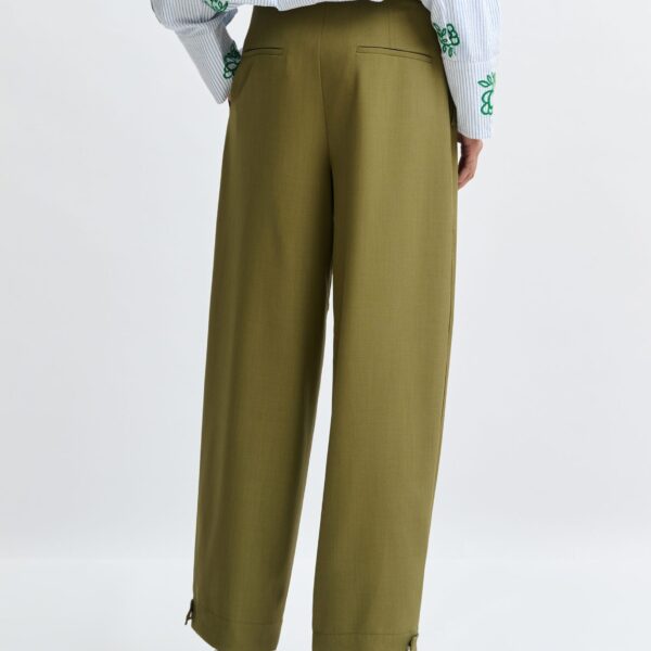 Essentiel Antwerp Olive green barrel-leg pants with twisted side seams, view 6