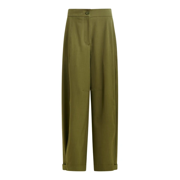 Essentiel Antwerp Olive green barrel-leg pants with twisted side seams