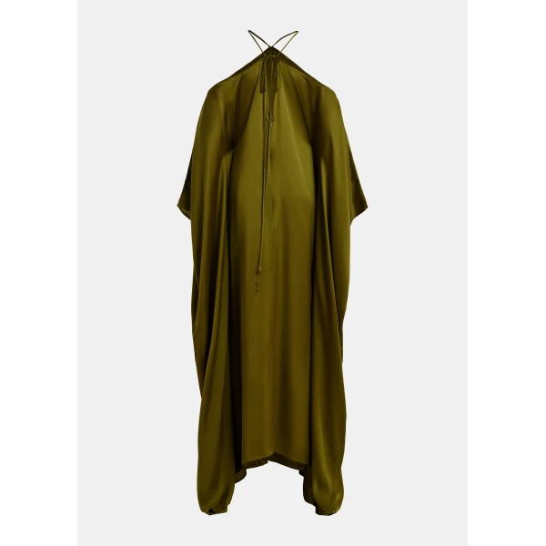 Essentiel Antwerp Olive green halterneck maxi dress with waterfall sides, view 2