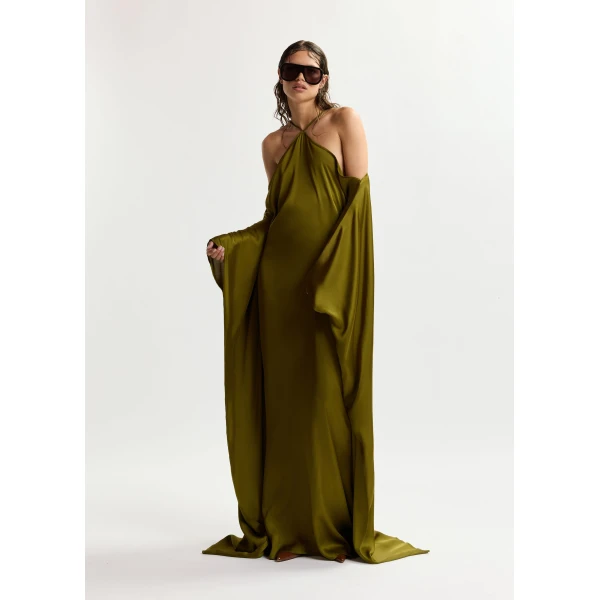 Essentiel Antwerp Olive green halterneck maxi dress with waterfall sides, view 3