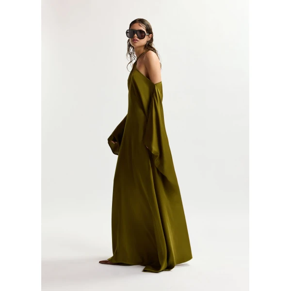 Essentiel Antwerp Olive green halterneck maxi dress with waterfall sides, view 4