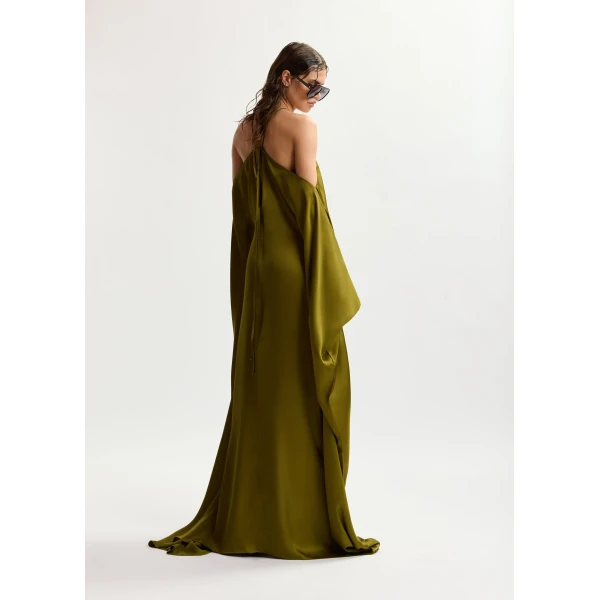 Essentiel Antwerp Olive green halterneck maxi dress with waterfall sides, view 5