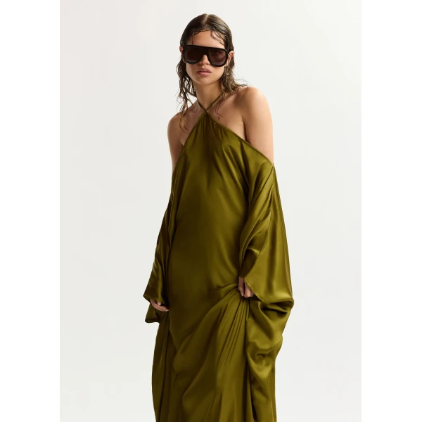 Essentiel Antwerp Olive green halterneck maxi dress with waterfall sides, view 6