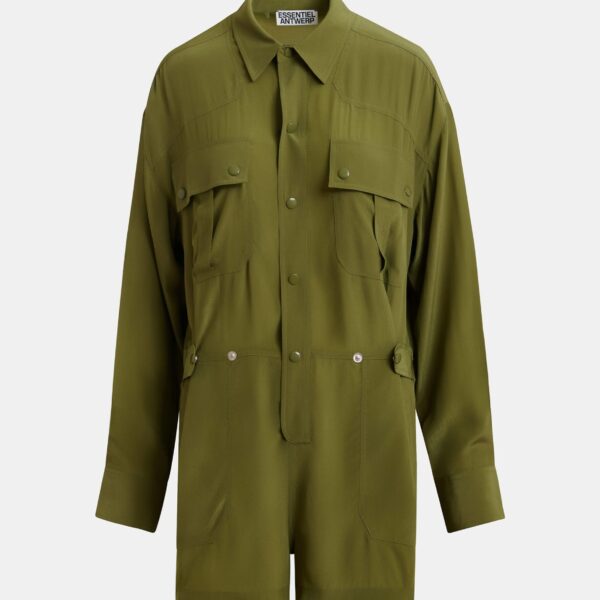 Essentiel Antwerp Olive green oversized playsuit with overlay maxi skirt, view 3