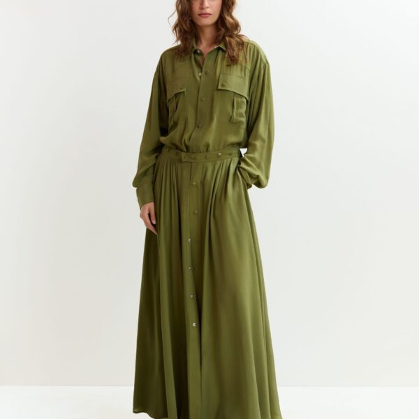 Essentiel Antwerp Olive green oversized playsuit with overlay maxi skirt, view 4