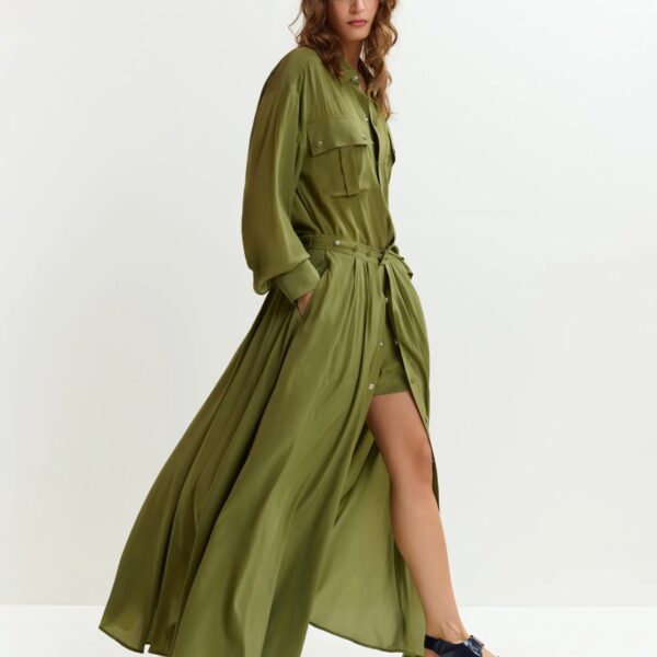 Essentiel Antwerp Olive green oversized playsuit with overlay maxi skirt, view 5