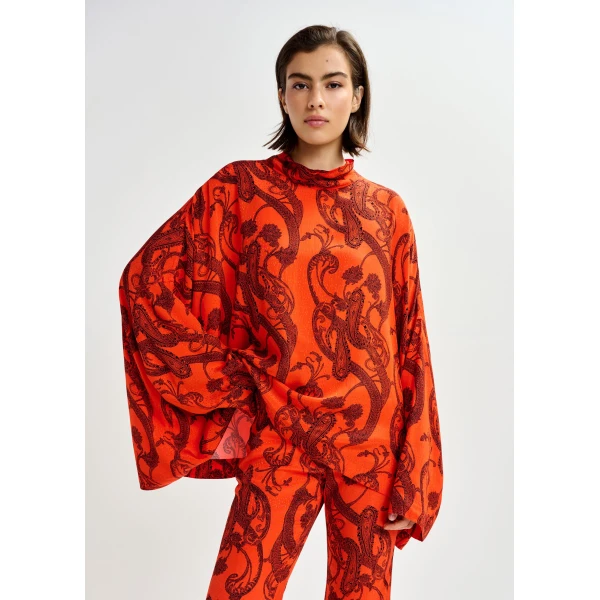 Essentiel Antwerp Orange and black oversized paisley print top with high neck, view 2