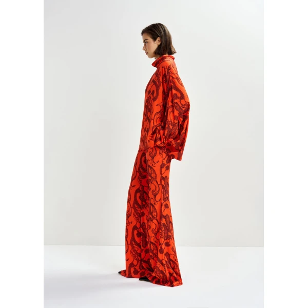 Essentiel Antwerp Orange and black oversized paisley print top with high neck, view 3