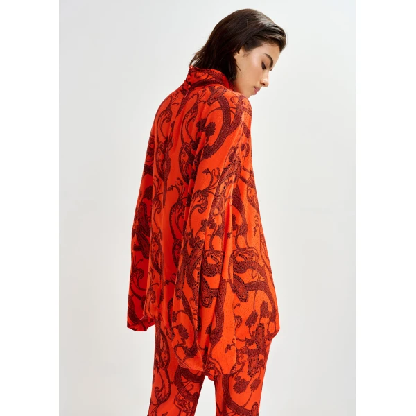 Essentiel Antwerp Orange and black oversized paisley print top with high neck, view 4