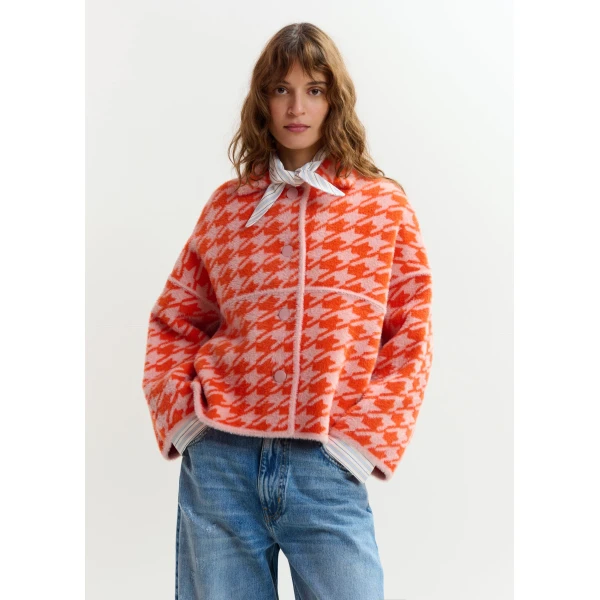 Essentiel Antwerp Orange and dusty pink houndstooth knit cardigan, view 2
