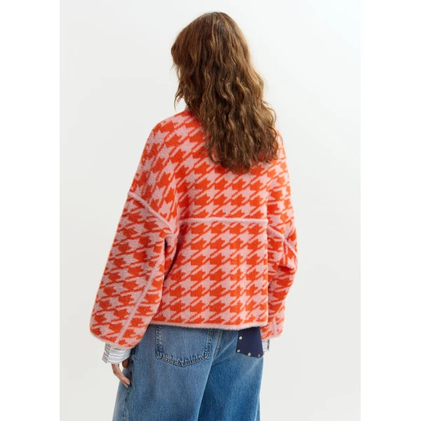 Essentiel Antwerp Orange and dusty pink houndstooth knit cardigan, view 5