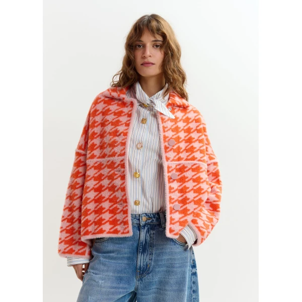Essentiel Antwerp Orange and dusty pink houndstooth knit cardigan, view 6