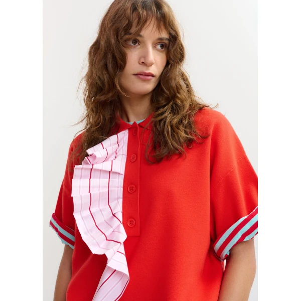Essentiel Antwerp Orange and light pink ruffle fine-knit polo top, view 2