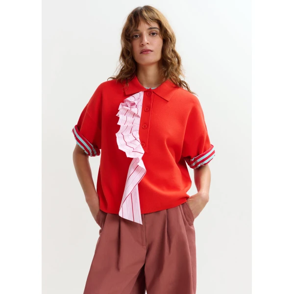 Essentiel Antwerp Orange and light pink ruffle fine-knit polo top, view 3