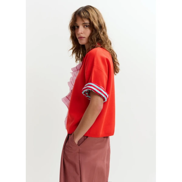 Essentiel Antwerp Orange and light pink ruffle fine-knit polo top, view 4