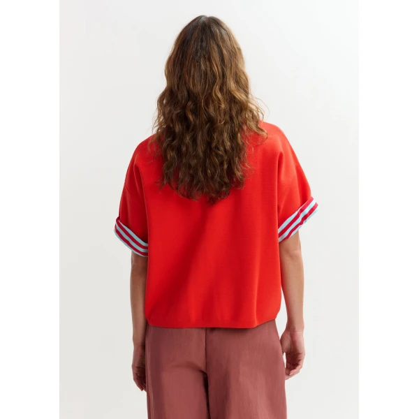 Essentiel Antwerp Orange and light pink ruffle fine-knit polo top, view 5