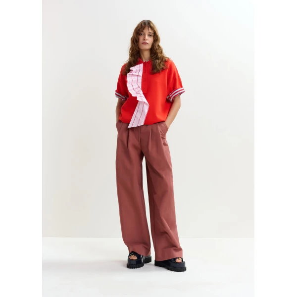 Essentiel Antwerp Orange and light pink ruffle fine-knit polo top, view 6