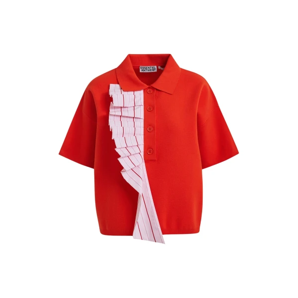 Essentiel Antwerp Orange and light pink ruffle fine-knit polo top
