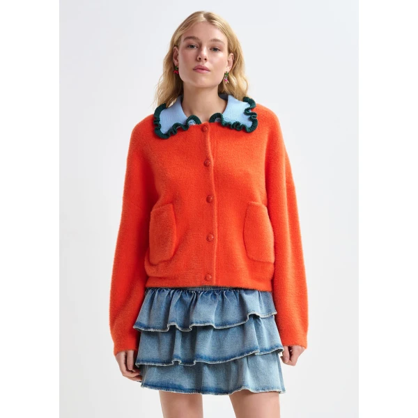 Essentiel Antwerp Orange cardigan with contrasting light blue and dark green ruffle collar, view 2