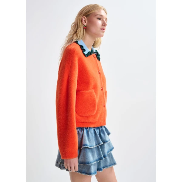 Essentiel Antwerp Orange cardigan with contrasting light blue and dark green ruffle collar, view 3