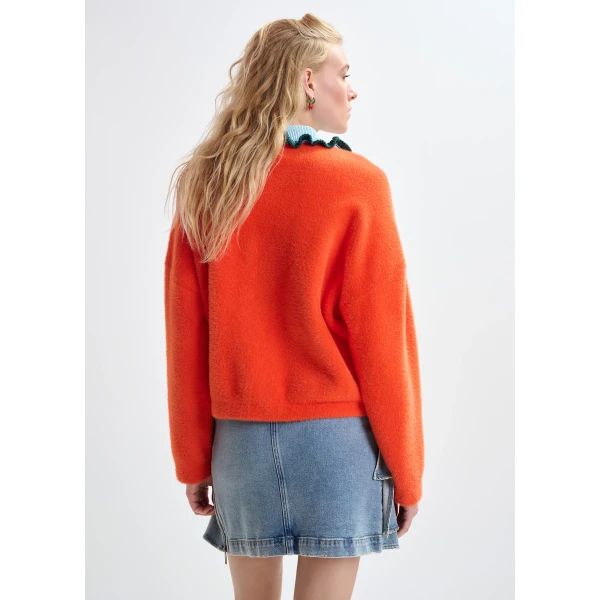 Essentiel Antwerp Orange cardigan with contrasting light blue and dark green ruffle collar, view 4