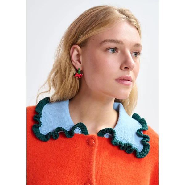 Essentiel Antwerp Orange cardigan with contrasting light blue and dark green ruffle collar, view 5