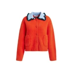 Essentiel Antwerp Orange cardigan with contrasting light blue and dark green ruffle collar