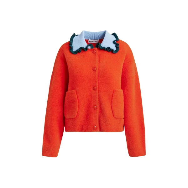 Essentiel Antwerp Orange cardigan with contrasting light blue and dark green ruffle collar