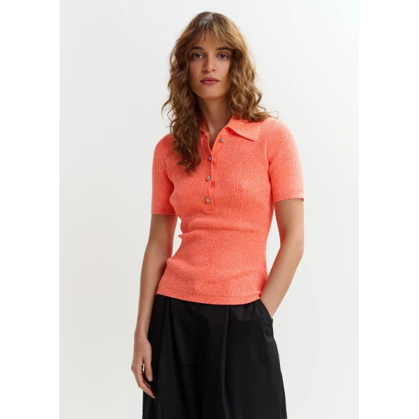 Essentiel Antwerp Orange cotton-blend ribbed polo with rhinestone-encrusted buttons Top, view 3