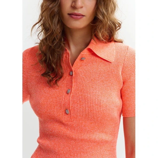 Essentiel Antwerp Orange cotton-blend ribbed polo with rhinestone-encrusted buttons Top, view 4