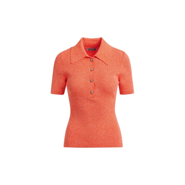 Essentiel Antwerp Orange cotton-blend ribbed polo with rhinestone-encrusted buttons Top
