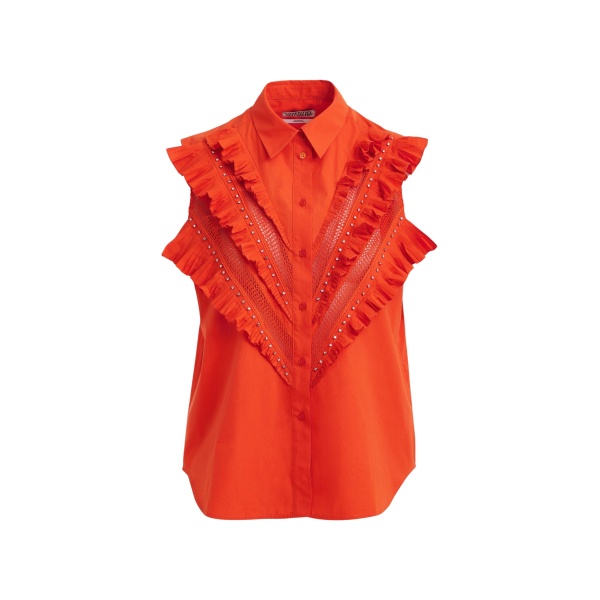 Orange embellished sleeveless cotton shirt with ruffle details