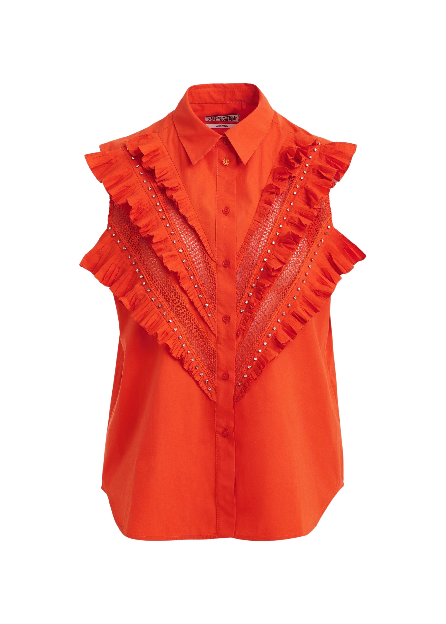 Orange embellished sleeveless cotton shirt with ruffle details