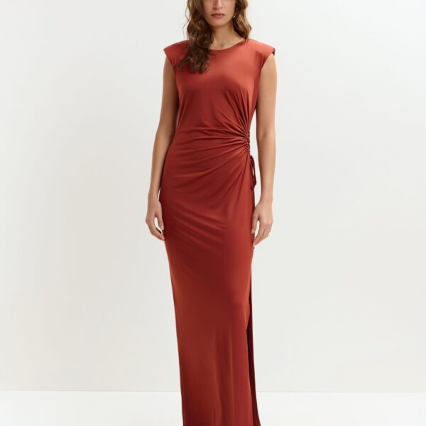 Essentiel Antwerp Orange fitted sleeveless dress with ruched cut-out detail, view 3