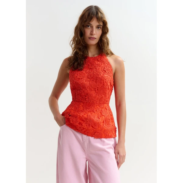 Essentiel Antwerp Orange floral lace halter peplum top, view 2