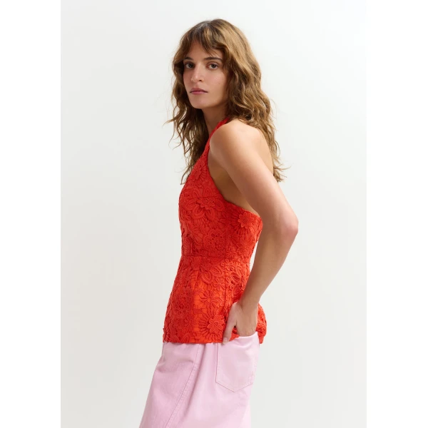 Essentiel Antwerp Orange floral lace halter peplum top, view 4