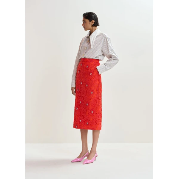 Essentiel Antwerp Orange floral lace pencil skirt with rhinestone embellishments, view 2