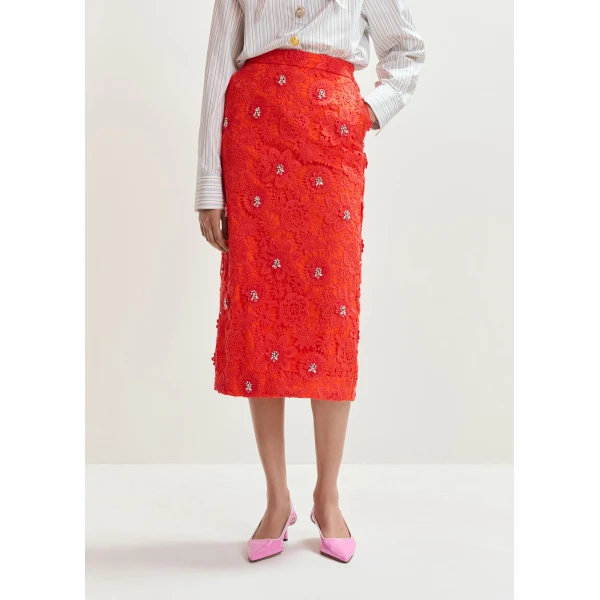Essentiel Antwerp Orange floral lace pencil skirt with rhinestone embellishments, view 3