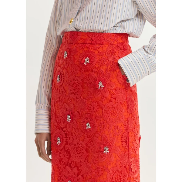 Essentiel Antwerp Orange floral lace pencil skirt with rhinestone embellishments, view 4