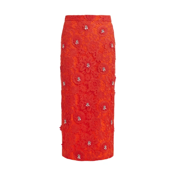 Essentiel Antwerp Orange floral lace pencil skirt with rhinestone embellishments