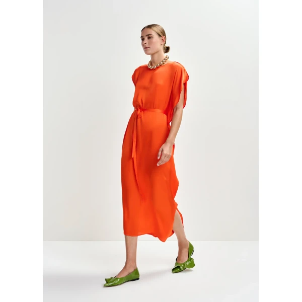 Essentiel Antwerp Orange midi dress with ruffle details, view 3